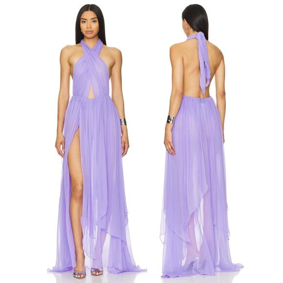 Retrofete Ina Silk Chiffon Dress Halter Neck Formal Wedding Gala Wisteria Sz XS